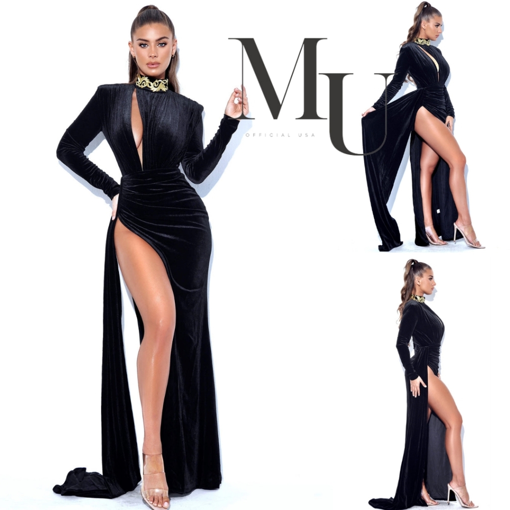Zenaida Black Cutout High Slit Velvet Gown